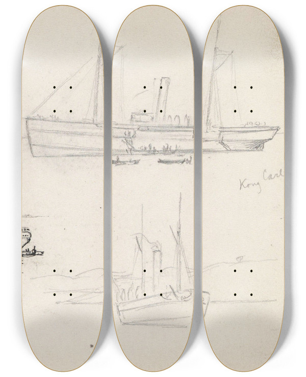 Triptych art skateboard deck of Hans Gude Dampskipene Kong Carl Og Nordland I Farsund by Hans Gude (1825-1903)