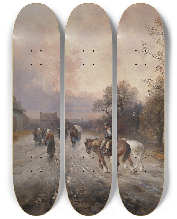 Triptych art skateboard deck of Emil Barbarini Abendstimmung Ber Einer Dorflandschaft by Emil Barbarini (1855-1933)