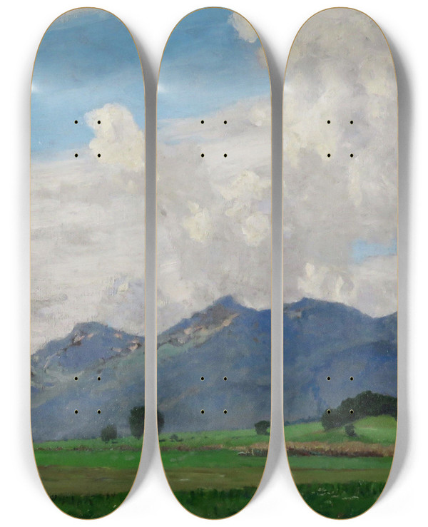 Triptych art skateboard deck of Fritz Wilhelm Rabending Sommermorgen Im Chiemgau by Fritz Wilhelm Rabending (1862-1929)
