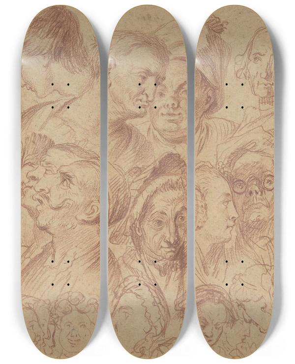 Triptych art skateboard deck of After William Hogarth Sheet Of Studies Of Heads by After William Hogarth (1697-1764)