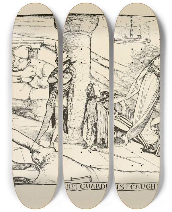 Triptych art skateboard deck of Henry Justice Ford The Guardians Caught Napping by Henry Justice Ford (1860-1941)