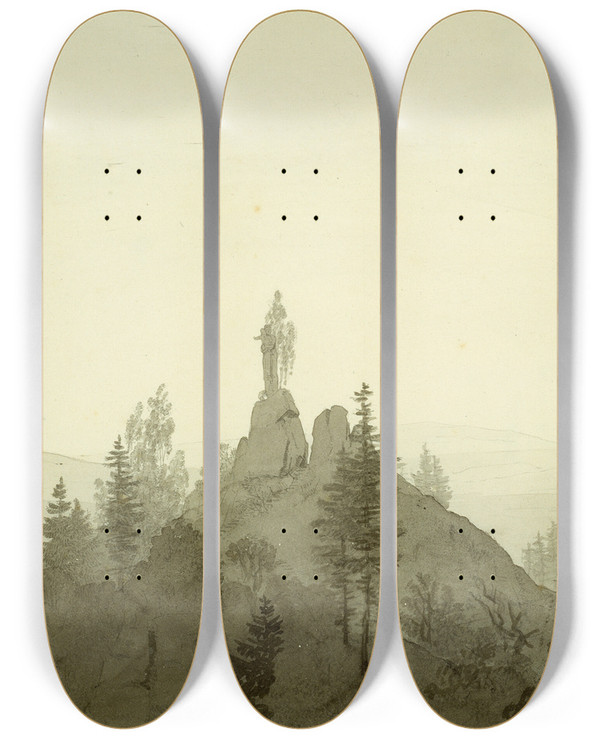 Triptych art skateboard deck of Caspar David Friedrich Statue Of The Madonna In The Mountains by Caspar David Friedrich (1774-1840)