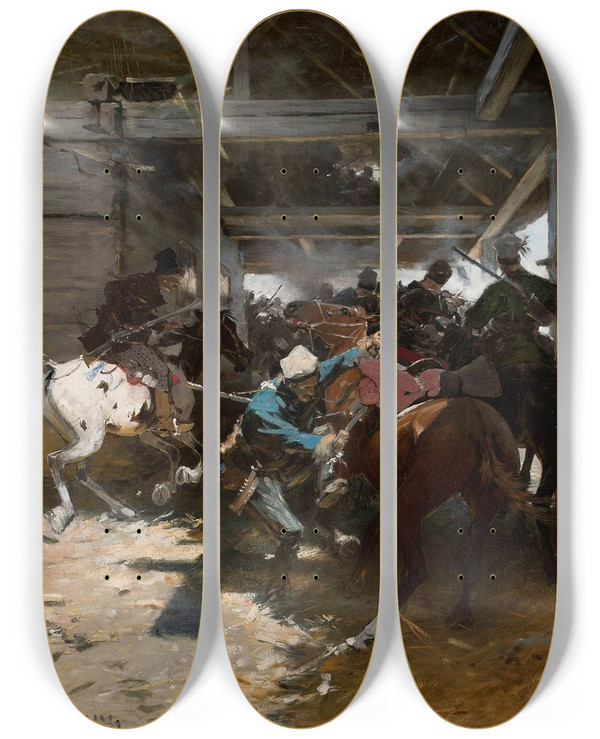 Triptych art skateboard deck of Jozef Brandt Alarm by Jozef Brandt (1841-1915)