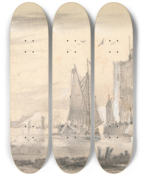 Triptych art skateboard deck of John Wilson Ewbank Harbor Scene by John Wilson Ewbank