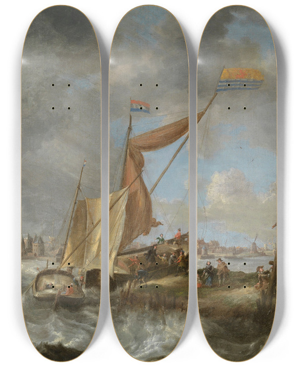 Triptych art skateboard deck of Bonaventura Peeters The Elder A View Of Vlissingen by Bonaventura Peeters The Elder (1614-1652)