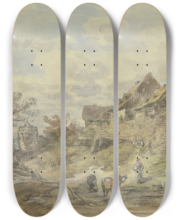 Triptych art skateboard deck of Anton Burger Landschaft Mit Gehft Zwei Khe Mit Buerin Im Vordergrund by Anton Burger (1824-1905)