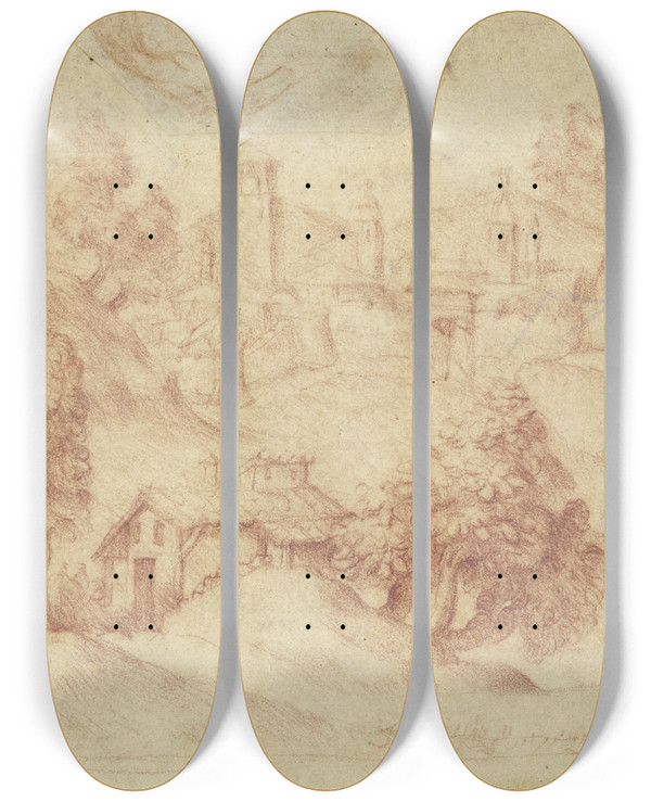 Triptych art skateboard deck of Giovanni Battista Cima Da Conegliano Landschaft Mit Stadtansicht by Giovanni Battista Cima Da Conegliano (1459-1517)