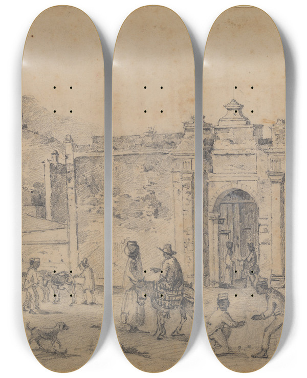 Triptych art skateboard deck of Camille Pissarro Folkeliv Uden For En Byport by Camille Pissarro (1830-1903)