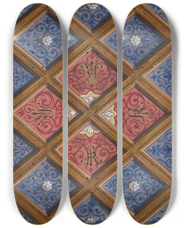 Triptych art skateboard deck of Julesedmondcharles Lachaise Design For A Coffered Ceiling With Painted Initials Sri by Jules-Edmond-Charles Lachaise (1897)