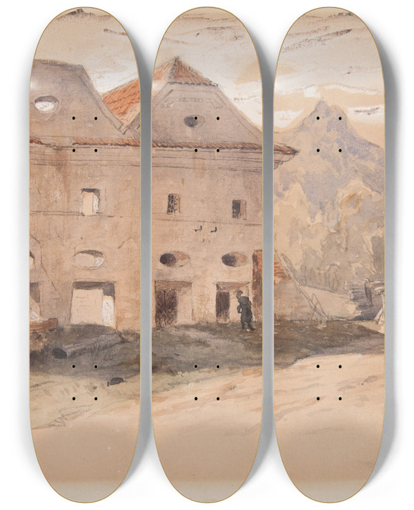 Triptych art skateboard deck of Jozef Brandt Granary In Kazimierz On The Vistula by Jozef Brandt (1841-1915)