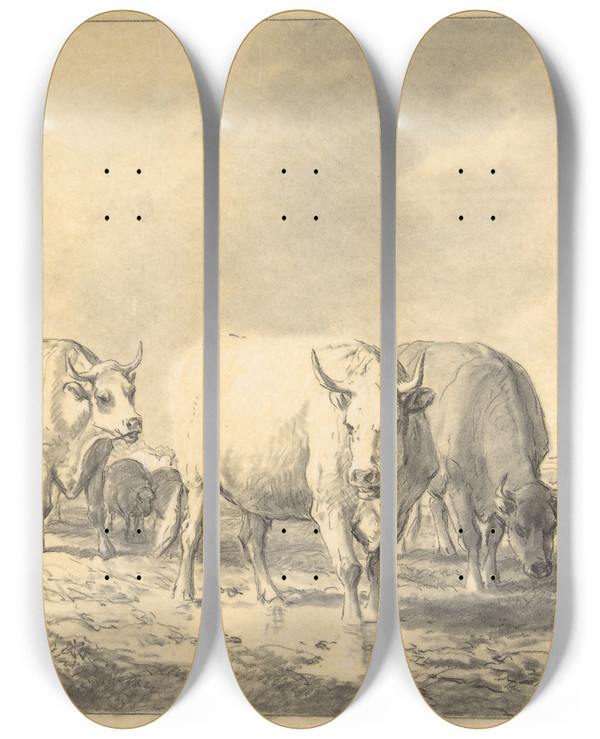 Triptych art skateboard deck of Eugne Joseph Verboeckhoven Cows In A Landscape by Eugene Joseph Verboeckhoven (1798-1881)