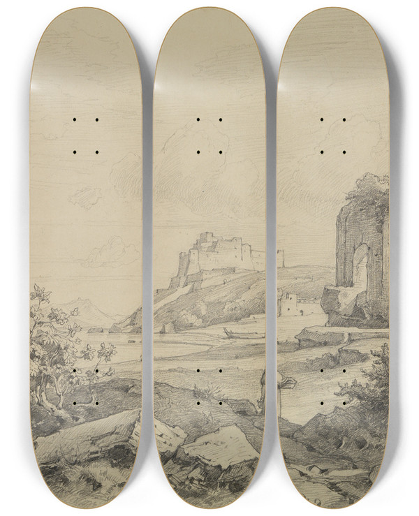 Triptych art skateboard deck of Friedrich Preller The Elder Landschaft Am Golf Von Pozzuoli by Friedrich Preller The Elder (1804-1878)