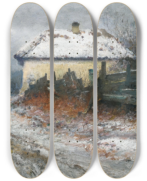 Triptych art skateboard deck of Petr Alekseevich Levchenko On The Way Home In A Winter Landscape by Petr Alekseevich Levchenko (1859-1917)