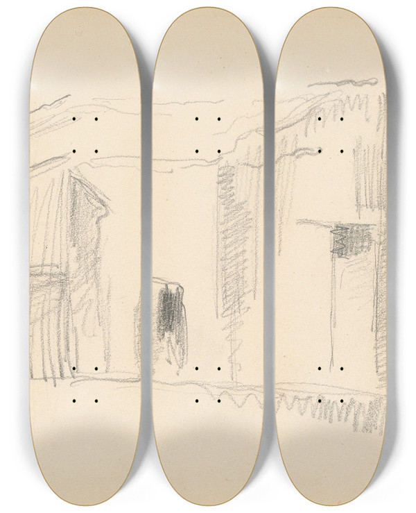 Triptych art skateboard deck of Paul Czanne Study Of Houses by Paul Cezanne (1839-1906)