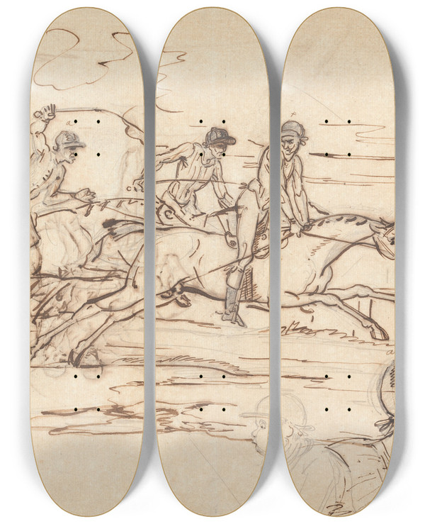 Triptych art skateboard deck of William Lock Ii Three Racehorses Approaching The Winning Post by William Lock Ii