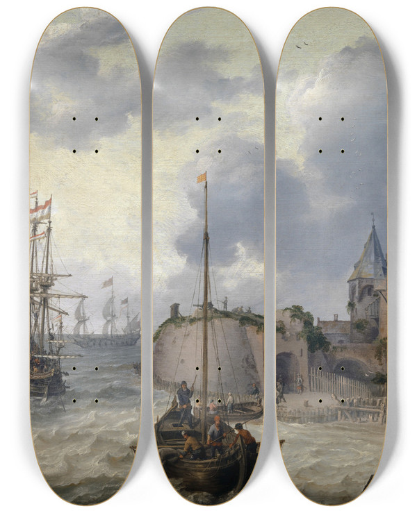 Triptych art skateboard deck of Adam Willaerts Dutch Harbour With Sailing Ships by Adam Willaerts (1577-1664)