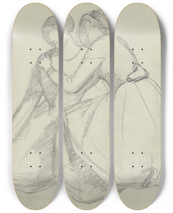Triptych art skateboard deck of Jzef Simmler Sketch Of The Group Of The Virgin Mary And Mary Magdalene To The Painting Entombment by Jozef Simmler (1823-1868)