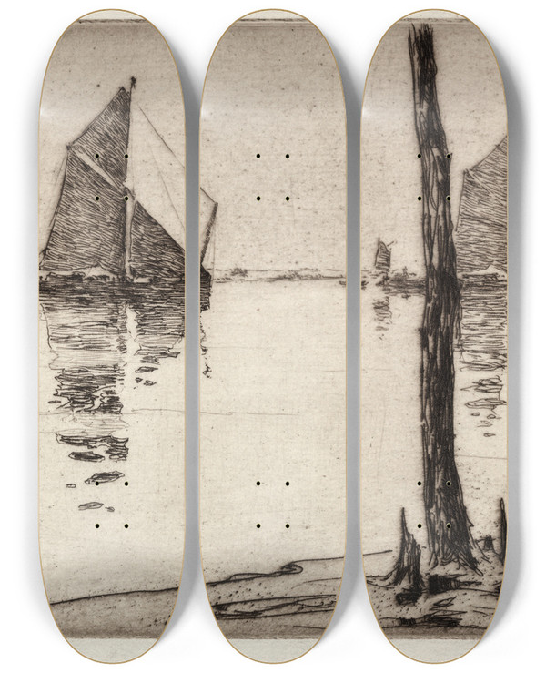 Triptych art skateboard deck of Arthur John Trevor Briscoe The Beacon by Arthur John Trevor Briscoe (1873-1943)