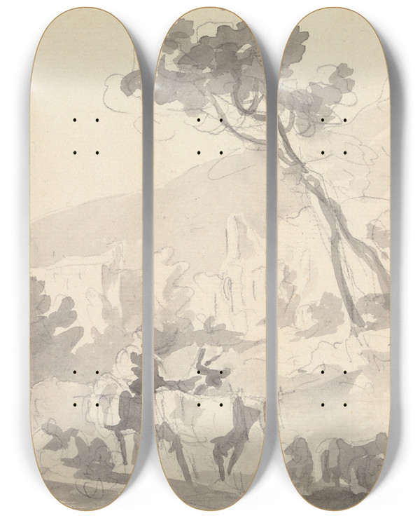 Triptych art skateboard deck of Sawrey Gilpin Landscape With Cattle And Figures In Foreground by Sawrey Gilpin (1733-1807)