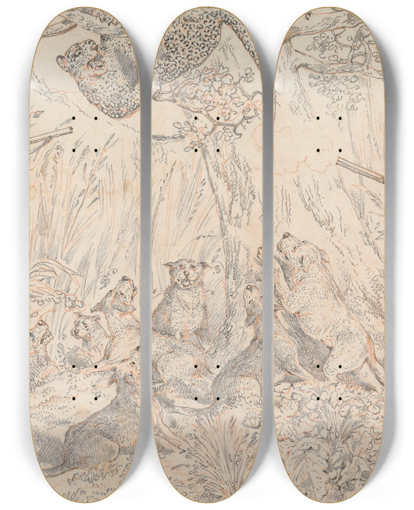 Triptych art skateboard deck of Henry Thomas Alken Sporting Incidents Drawing For The Softgound Etching Of Panther Hunting by Henry Thomas Alken (1785-1851)