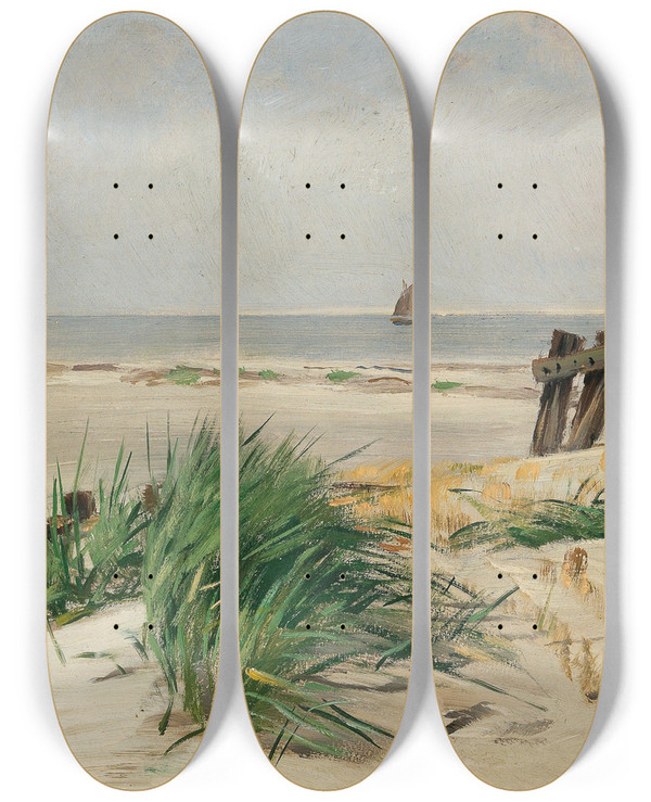Triptych art skateboard deck of Eugen Dcker On The Beach by Eugen Ducker (1841-1916)
