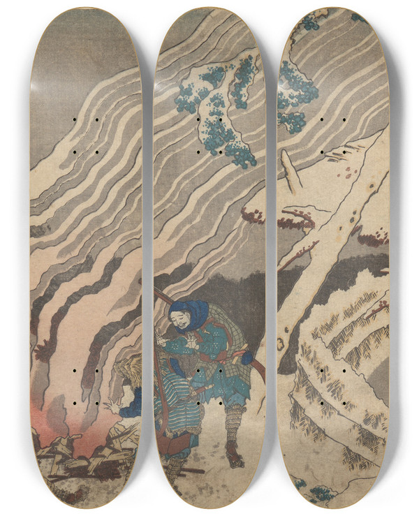 Triptych art skateboard deck of Katsushika Hokusai Hunters Or Foresters Warming Themselves At Dusk Minamoto No Muneo Yuki by Katsushika Hokusai (1760-1849)