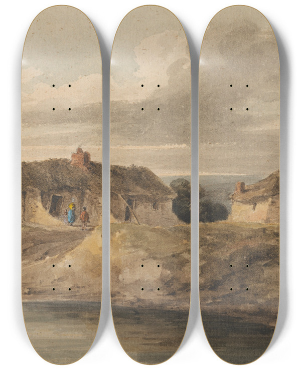Triptych art skateboard deck of Amelia Long Landscape With Thatched Buildings by Amelia Long