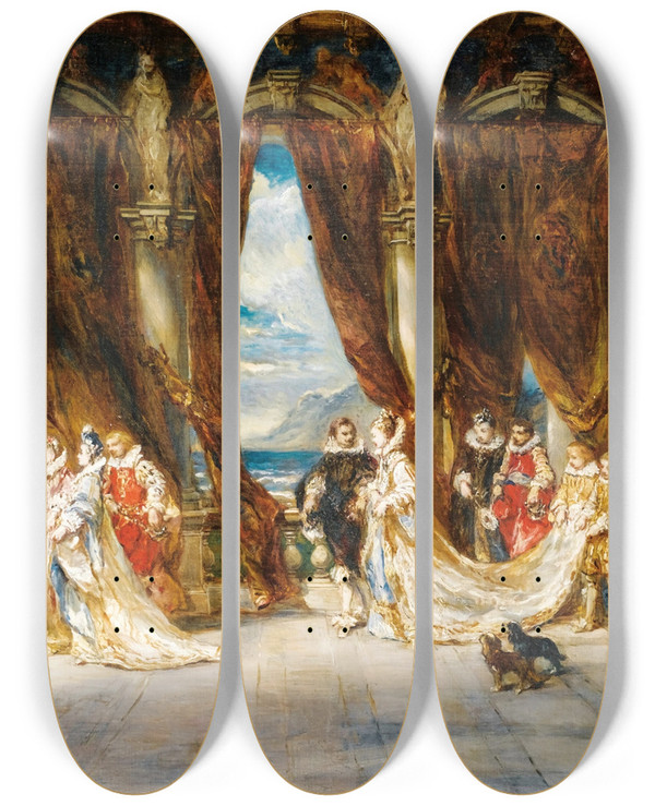 Triptych art skateboard deck of Eugne Isabey Scne De Bal by Eugene Isabey (1803-1886)