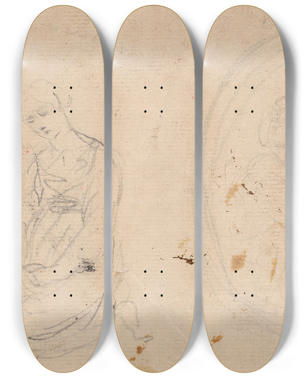 Triptych art skateboard deck of Sir Joshua Reynolds Two Sketches Of Woman_2 by Sir Joshua Reynolds (1723-1792)