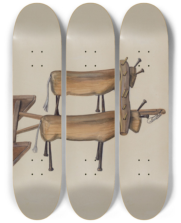 Triptych art skateboard deck of William Kerby Toy Sledge And Oxen by William Kerby