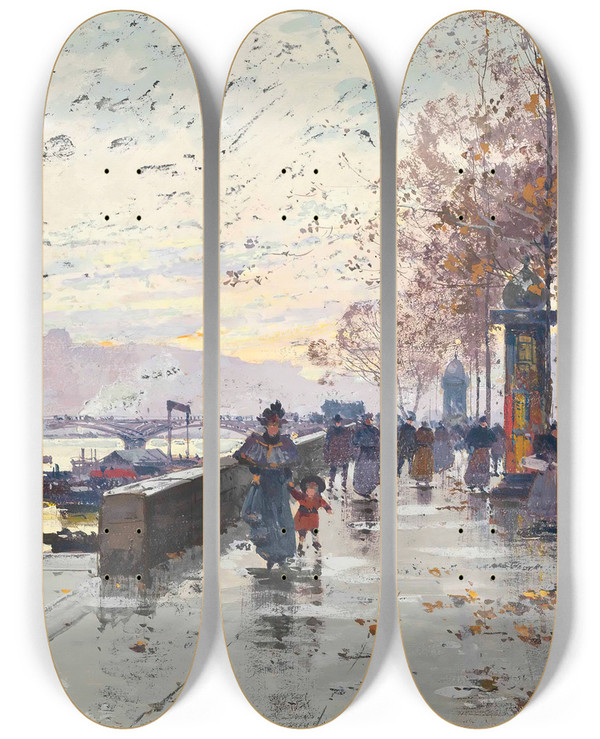 Triptych art skateboard deck of Eugne Galienlaloue Figures At The Quai De Louvre Paris by Eugene Galien Laloue (1854-1941)