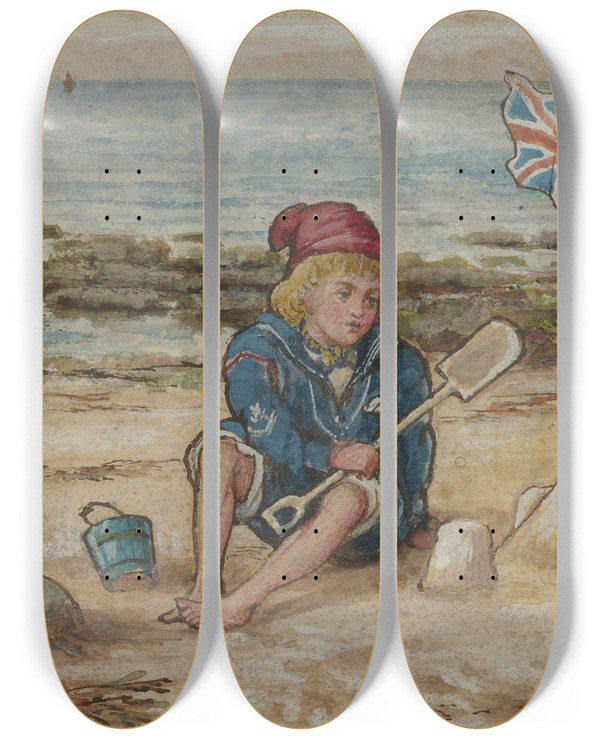 Triptych art skateboard deck of John George Sowerby Two Children On A Beach by John George Sowerby (1849-1914)