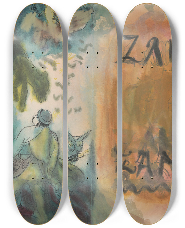 Triptych art skateboard deck of Jn Novk Book Cover Design For The Enchanted Castle Book by Jan Novak (1921-1944)