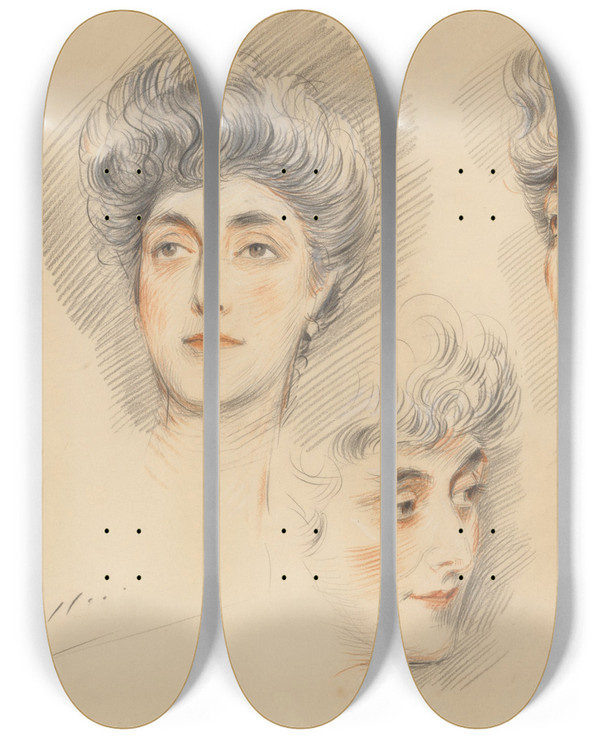 Triptych art skateboard deck of Paul Csar Helleu Four Head Studies Of A Lady Traditionally Identified As Mrs Gertrude Vanderbilt Whitney by Paul Cesar Helleu (1859-1927)
