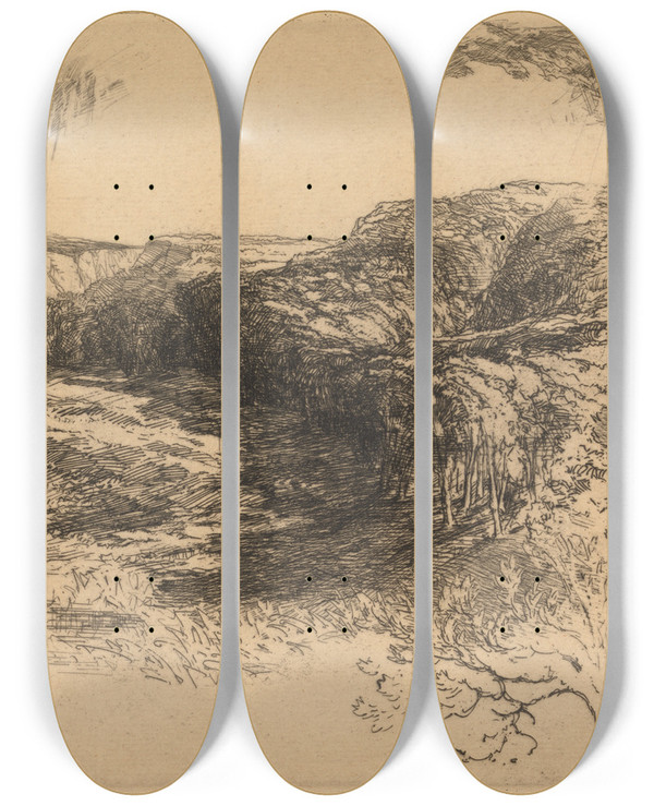 Triptych art skateboard deck of Francis Seymour Haden Encombe Woods No 2 by Francis Seymour Haden (1818-1910)