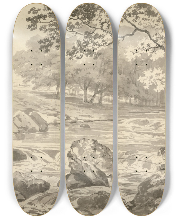 Triptych art skateboard deck of George Barret River With Angler by George Barret (1767-1842)
