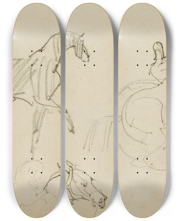 Triptych art skateboard deck of Thodore Gricault Three Horse Studies_1 by Theodore Gericault (1791-1824)