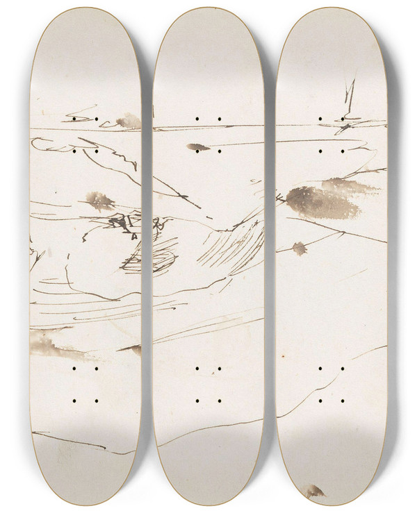 Triptych art skateboard deck of Adolph Tidemand Landskapsriss by Adolph Tidemand (1814-1876)