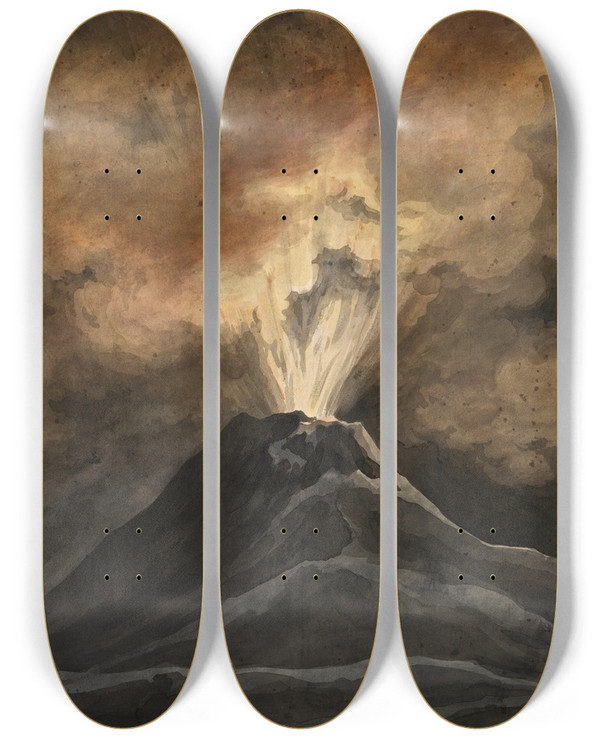 Triptych art skateboard deck of David Humbert De Superville An Erupting Volcano By Night by David Humbert De Superville (1770-1849)