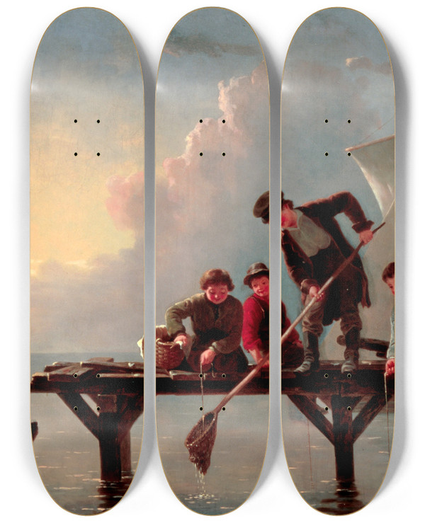 Triptych art skateboard deck of William Tylee Ranney Boys Crabbing by William Tylee Ranney (1813-1857)