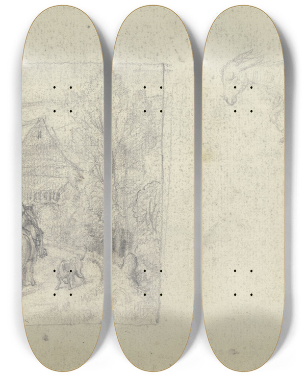 Triptych art skateboard deck of Otto Scholderer Landschaft Mit Reiter Skizze Eines Esels by Otto Scholderer (1834-1902)