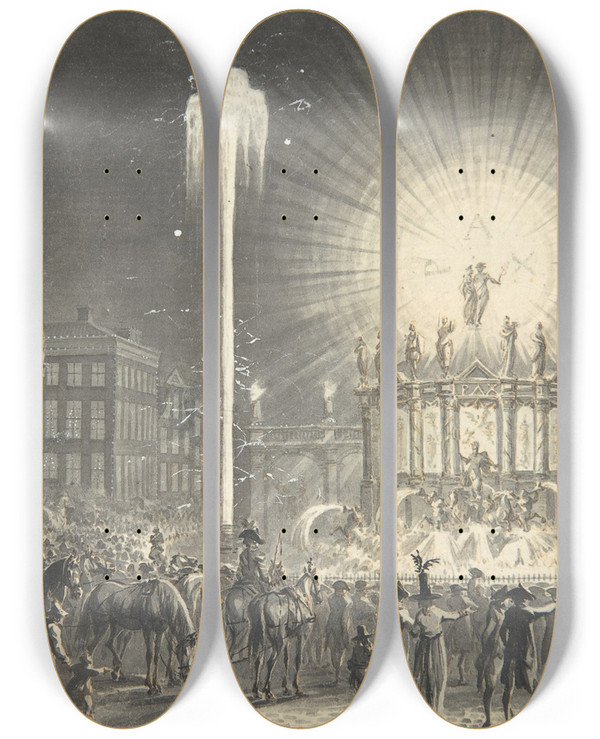 Triptych art skateboard deck of Dirk Langendijk City Square With Fireworks by Dirk Langendijk (1748-1805)