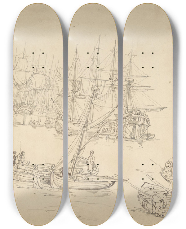Triptych art skateboard deck of Thomas Rowlandson Harbor Scene_1 by Thomas Rowlandson (1756-1827)