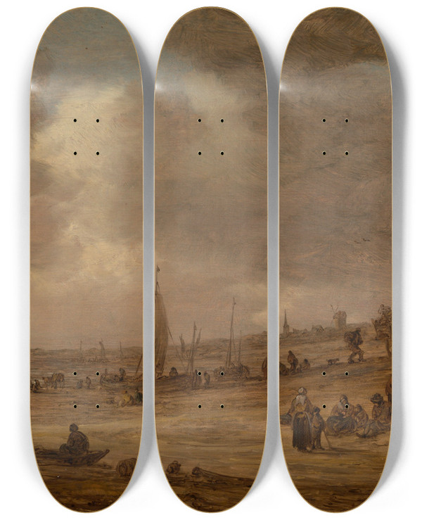 Triptych art skateboard deck of Jan Van Goyen A Beach With Fishing Boats by Jan Van Goyen (1596-1656)