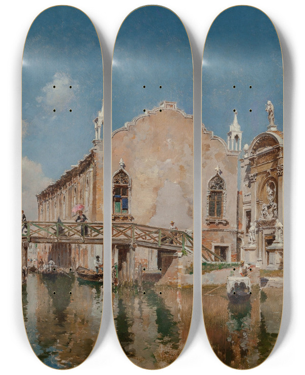 Triptych art skateboard deck of Federico Del Campo Santa Maria Valverde And The Scuola Vecchia Della Misericordia Venice by Federico del Campo (1837-1923)