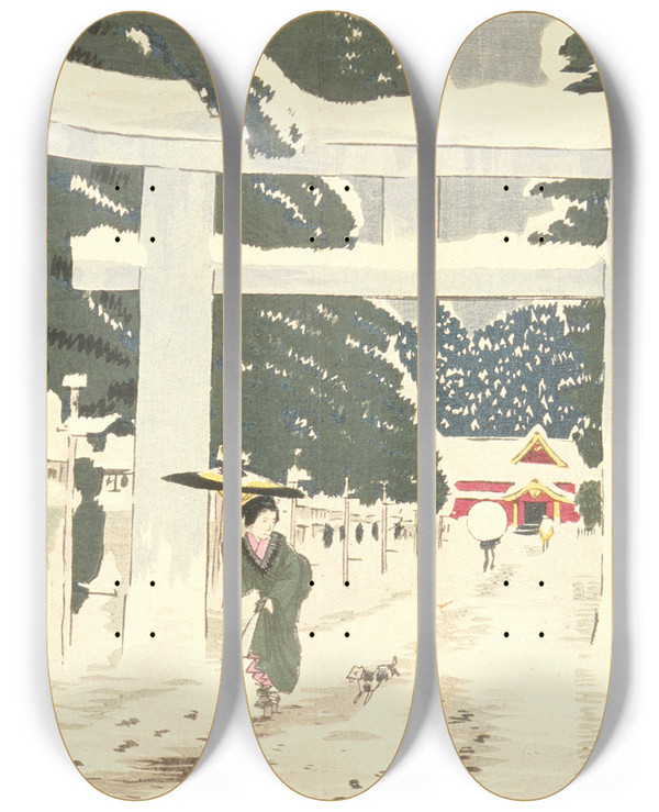 Triptych art skateboard deck of Kobayashi Kiyochika Heavy Snow At Tshg Shrine In Ueno by Kobayashi Kiyochika (1847-1915)