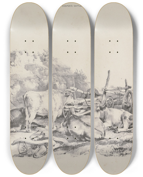 Triptych art skateboard deck of Thomas Sidney Cooper Thomas Sydney Coopers Cattle Subjects Pl21 by Thomas Sidney Cooper (1803-1902)