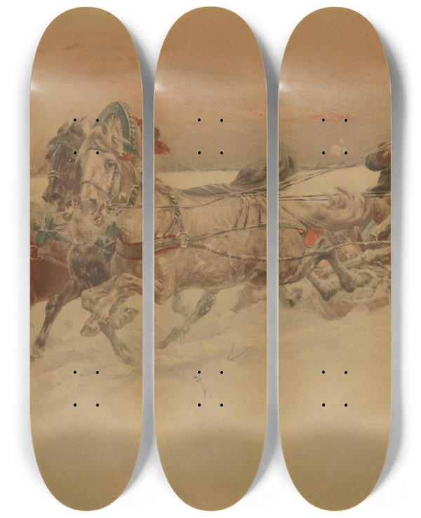 Triptych art skateboard deck of Jaroslav Vn Bulgarian Trio by Jaroslav Vesin (1860-1915)