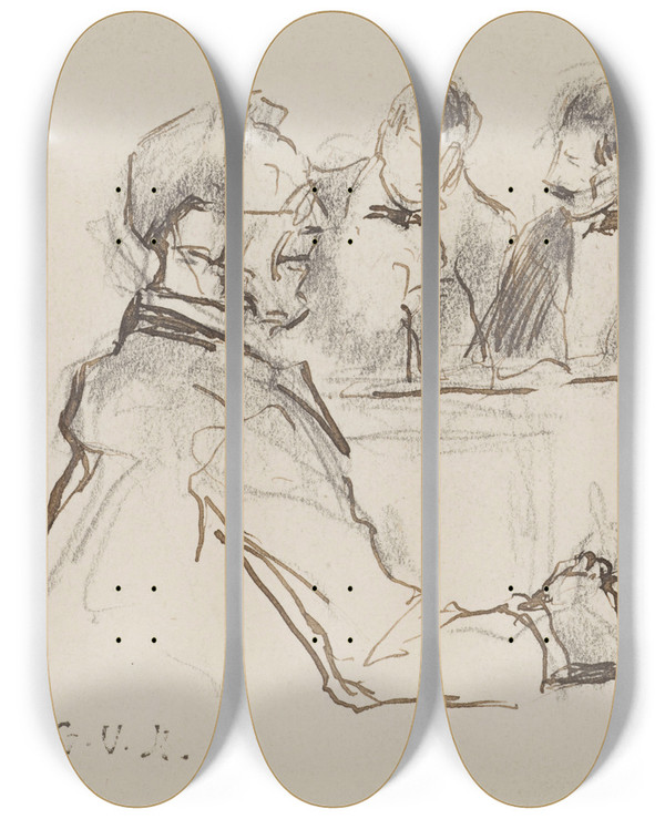 Triptych art skateboard deck of Georges Hugo Quatre Personnages Dans Un Caf by Georges Hugo (1868-1925)