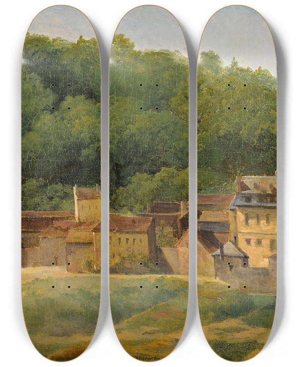 Triptych art skateboard deck of Jeanbaptistecamille Corot The Cabassud Houses Villedavray by Jean-Baptiste-Camille Corot (1796-1875)